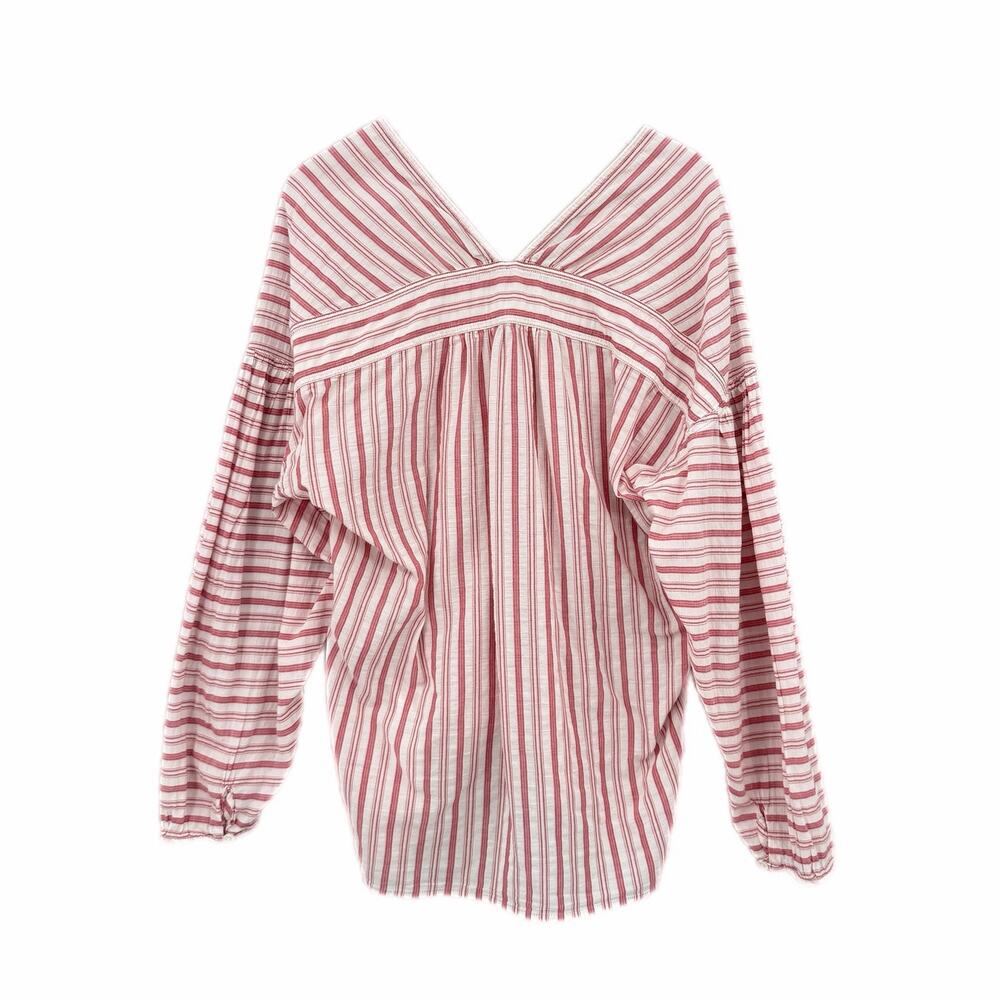 Vince Red & White Variegated Stripe 100% Cotton Long Sleeve V-Neck Blouse Top - Picture 7 of 11